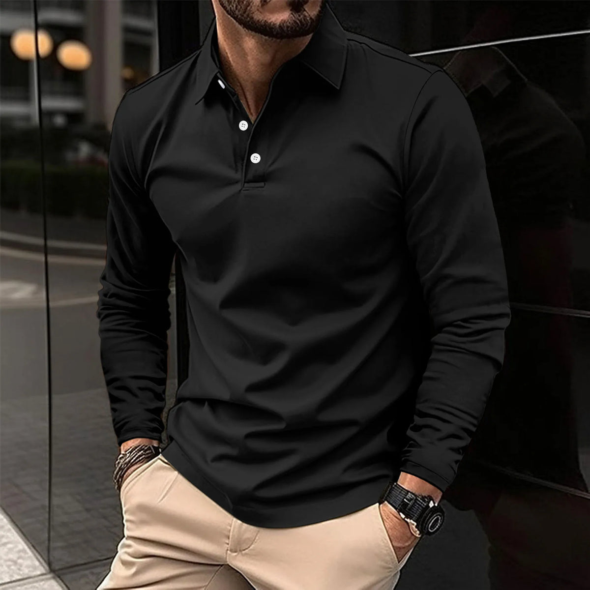 Fall Slim Fit Long Sleeve Button Polo Shirt for Men in Black