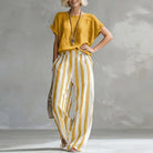 Striped cotton linen top and wide leg pants set in yellow