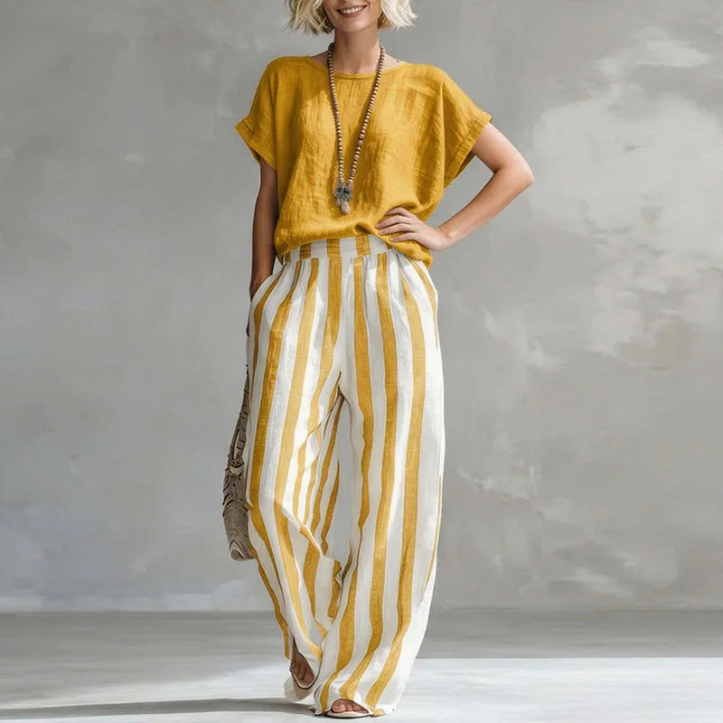 Striped cotton linen top and wide leg pants set in yellow