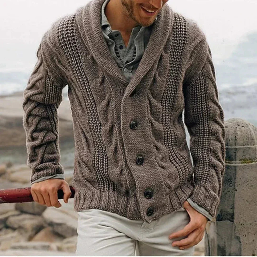Winter Heavyweight Cable Knit Shawl Collar Cardigan for Men in Brown