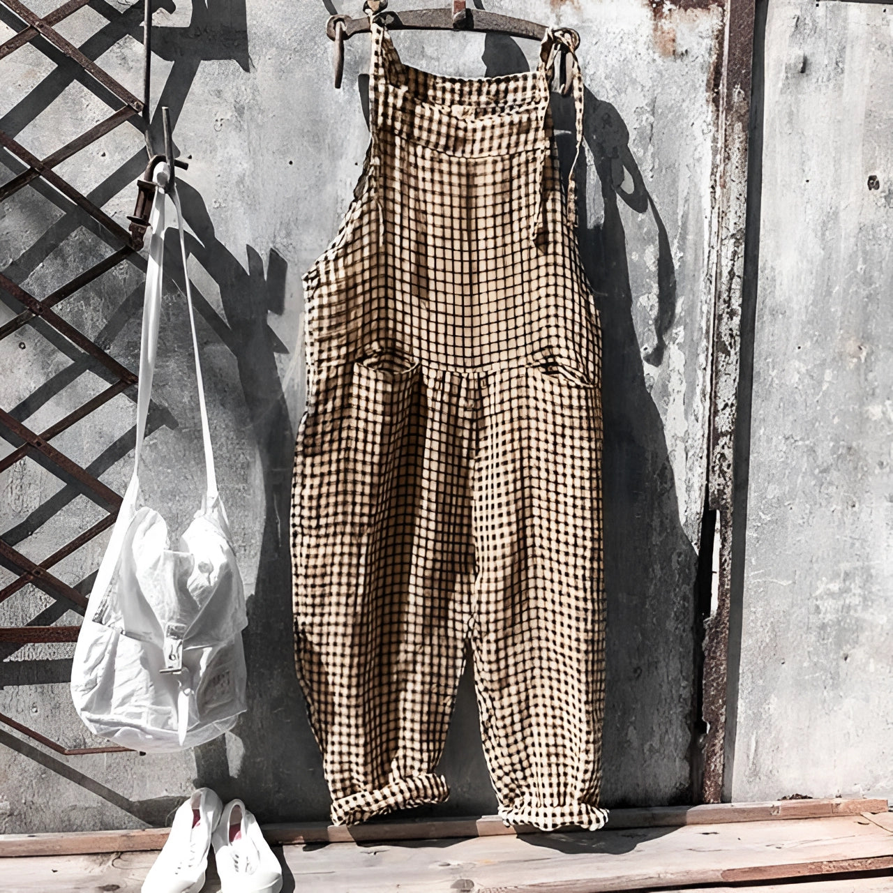 Vintage adjustable strap overall with pockets in brown