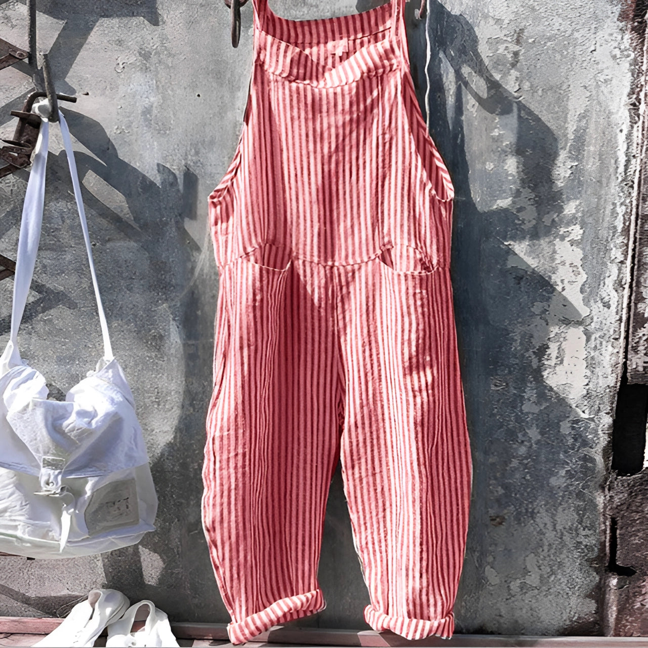 Vintage adjustable strap overall with pockets in red