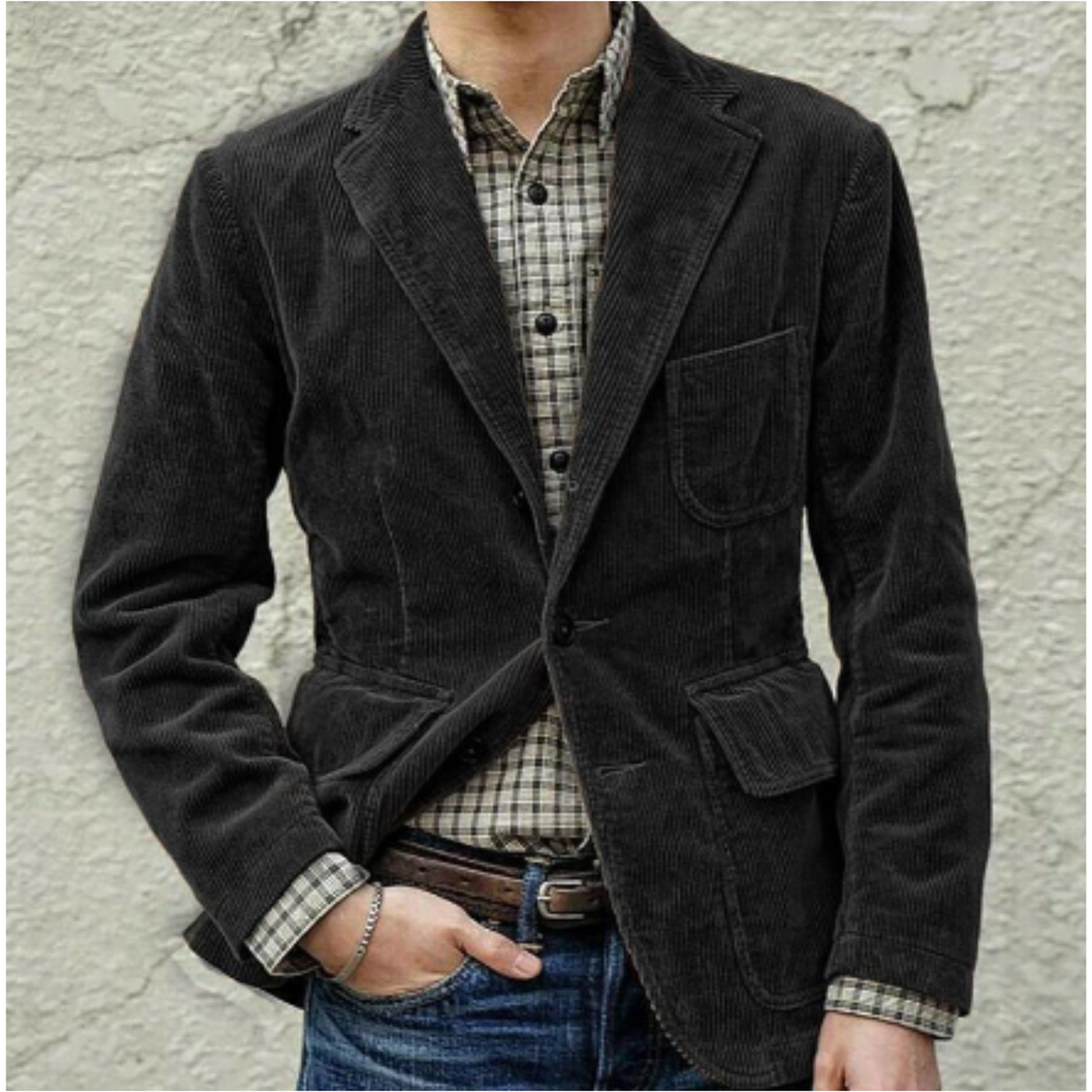 Fall Corduroy Notch Lapel Soft Shoulder Blazer Jacket for Men in Black