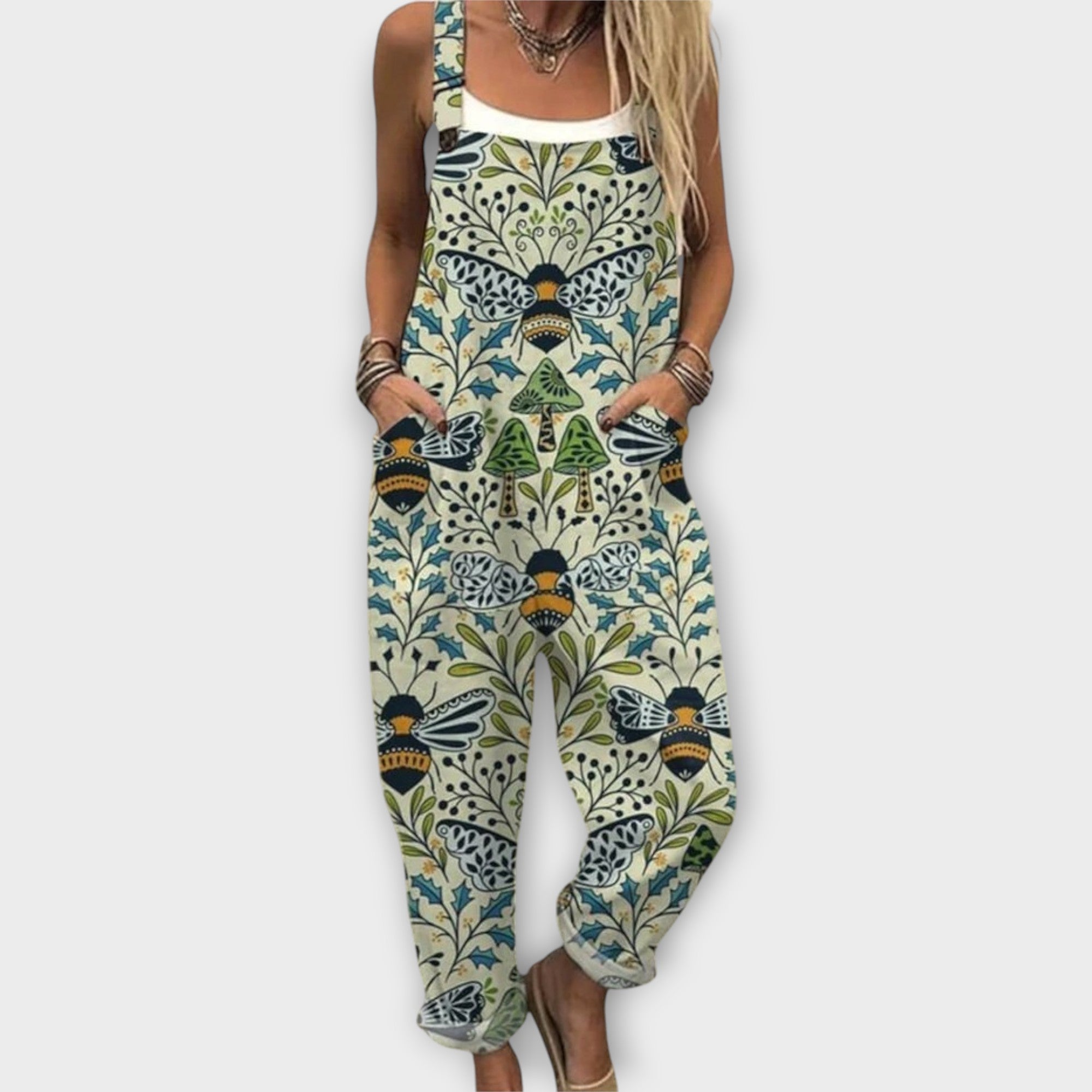 Retro floral print relaxed jumpsuit in green