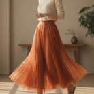 High waist pleated mesh layered midi skirt, view 1