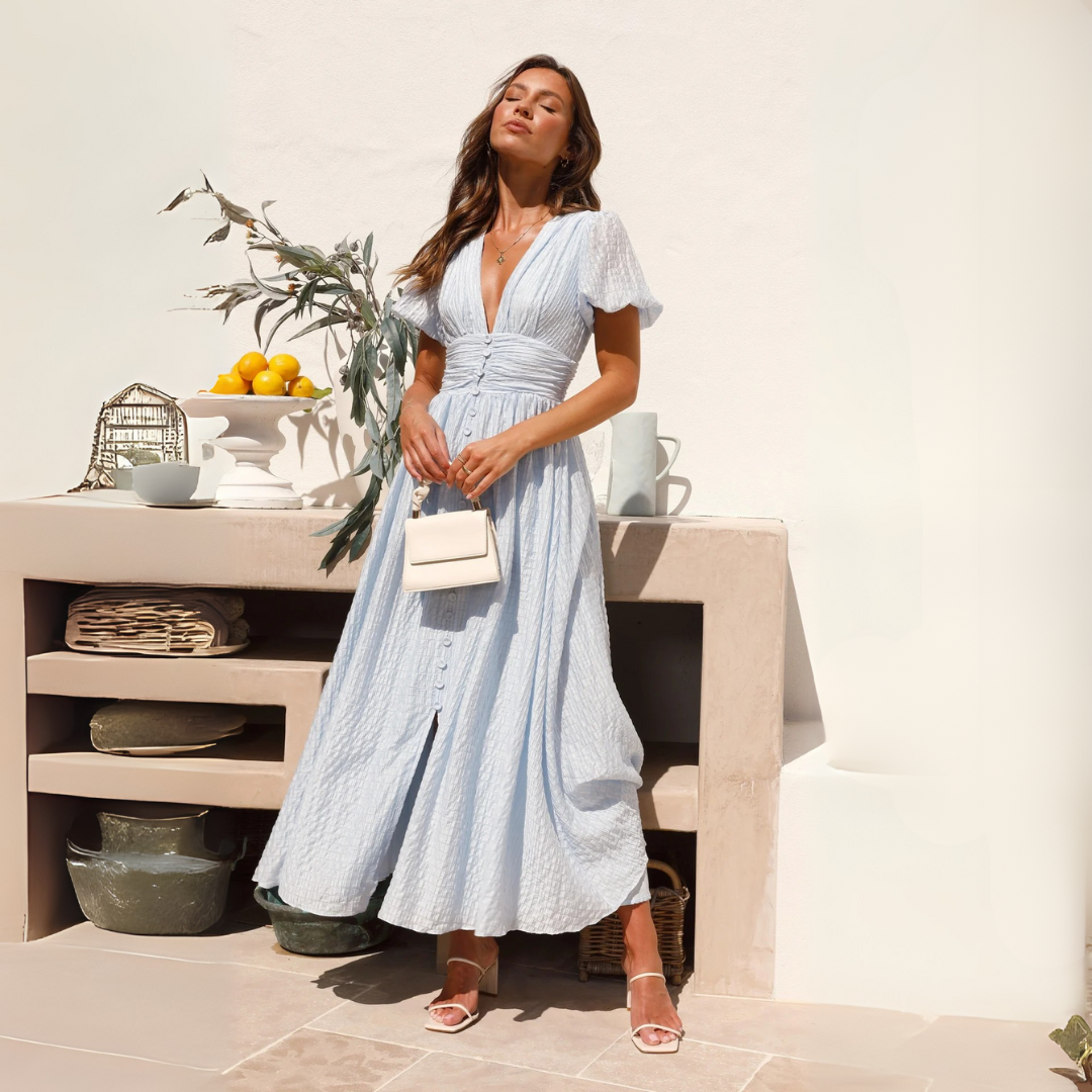 Women's Button Front V-Neck Summer Dress Maxi