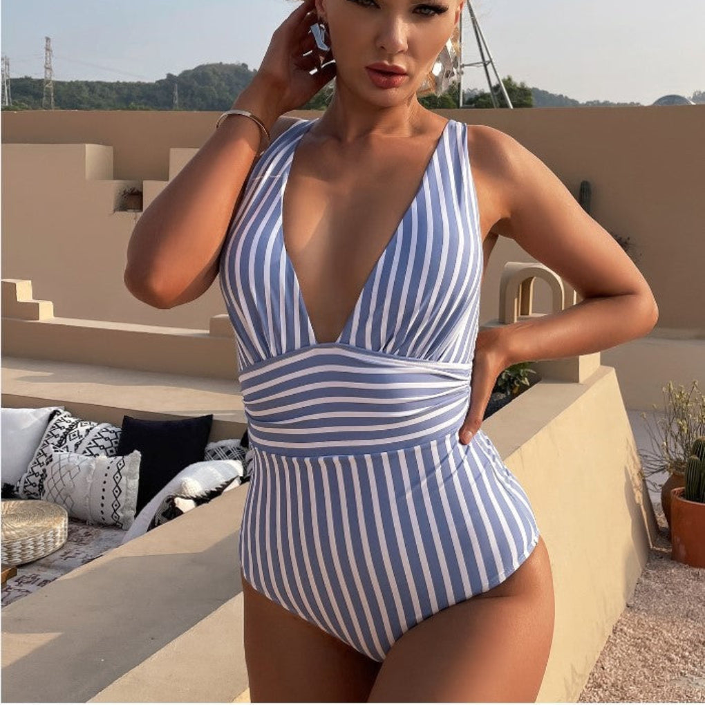 Women's Deep V-Neck One Piece Bathing Suit Striped High Cut