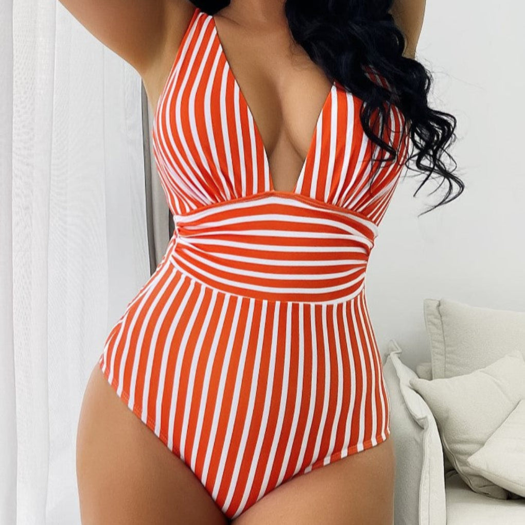 Women's Deep V-Neck One Piece Bathing Suit Striped High Cut