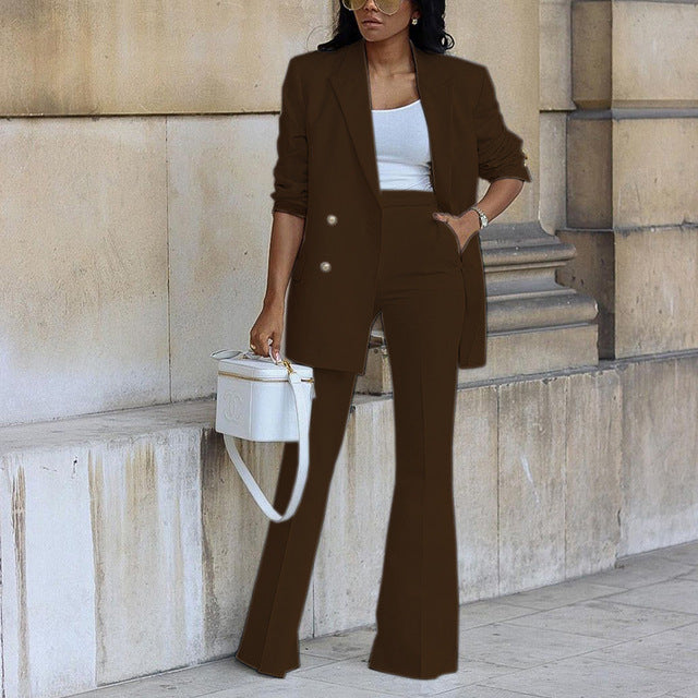 Women's Double-Breasted Blazer & High-Waist Flare Trouser Set