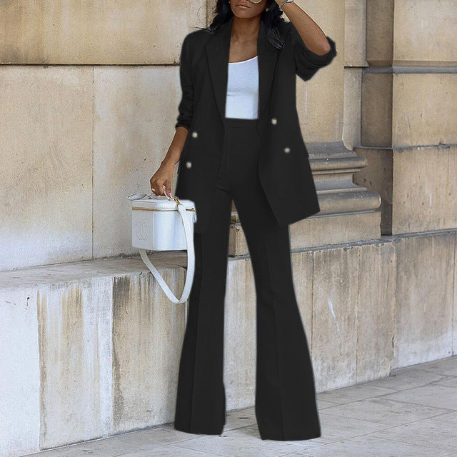 Women's Double-Breasted Blazer & High-Waist Flare Trouser Set