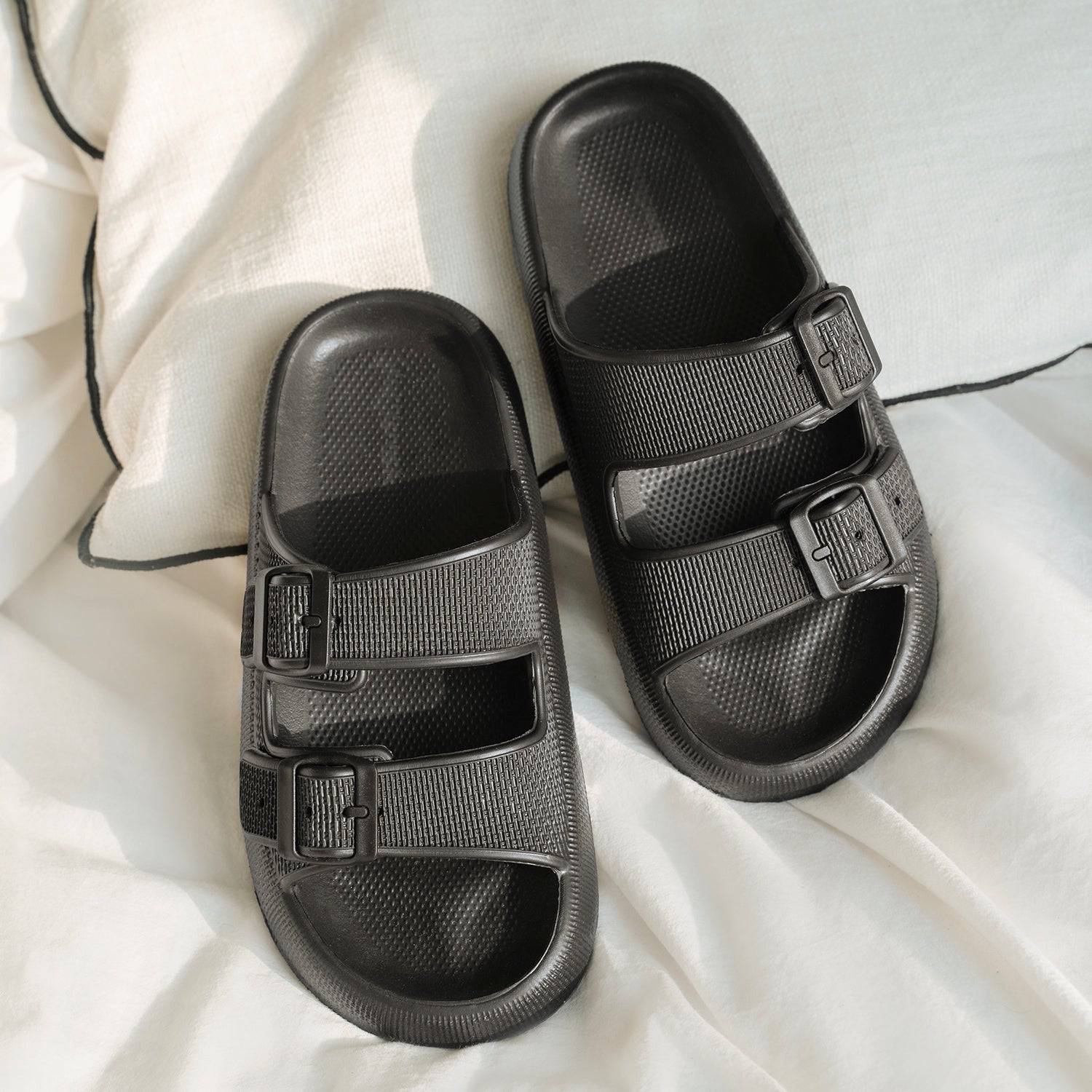 Women's Double Strap Buckle Platform Slides Chunky Sole Sandals
