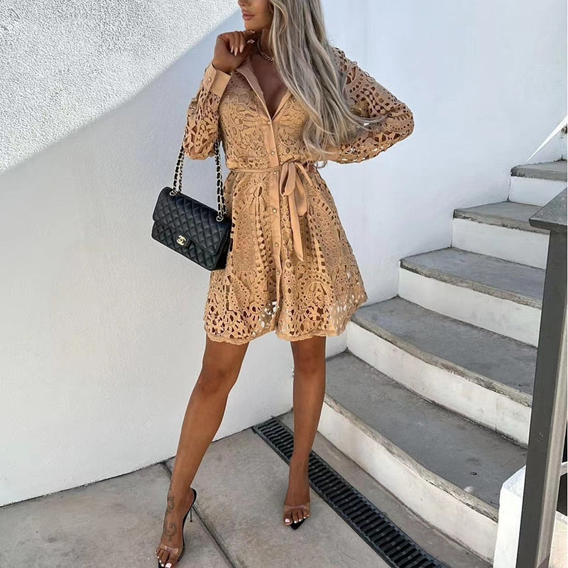 Women's Eyelet Long Sleeve Shirt Dress Mini