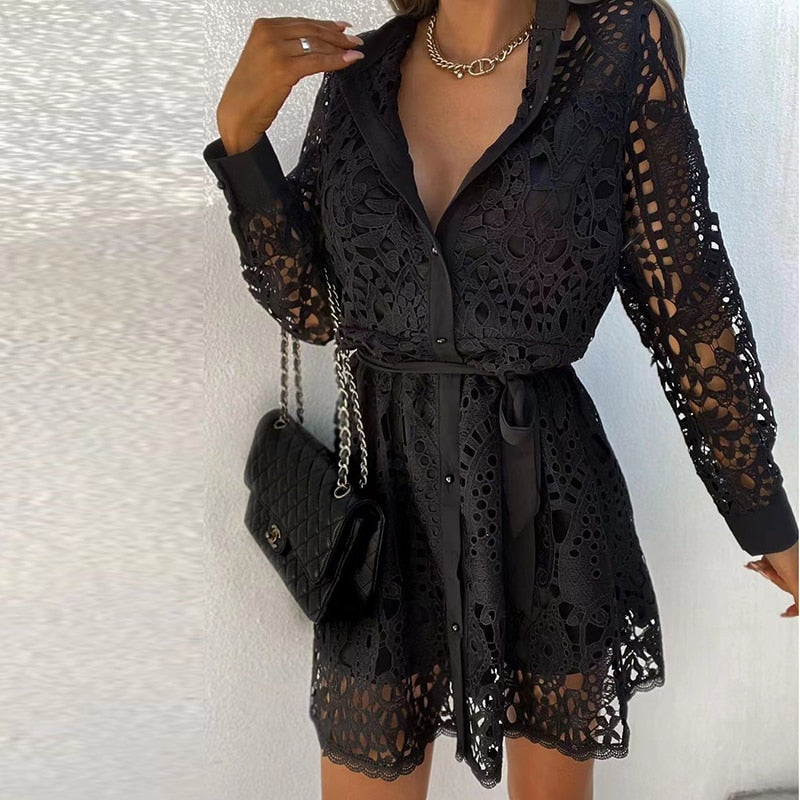 Women's Eyelet Long Sleeve Shirt Dress Mini