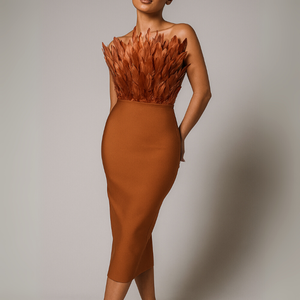 Women's Feather Bodycon Strapless Cocktail Dress Midi