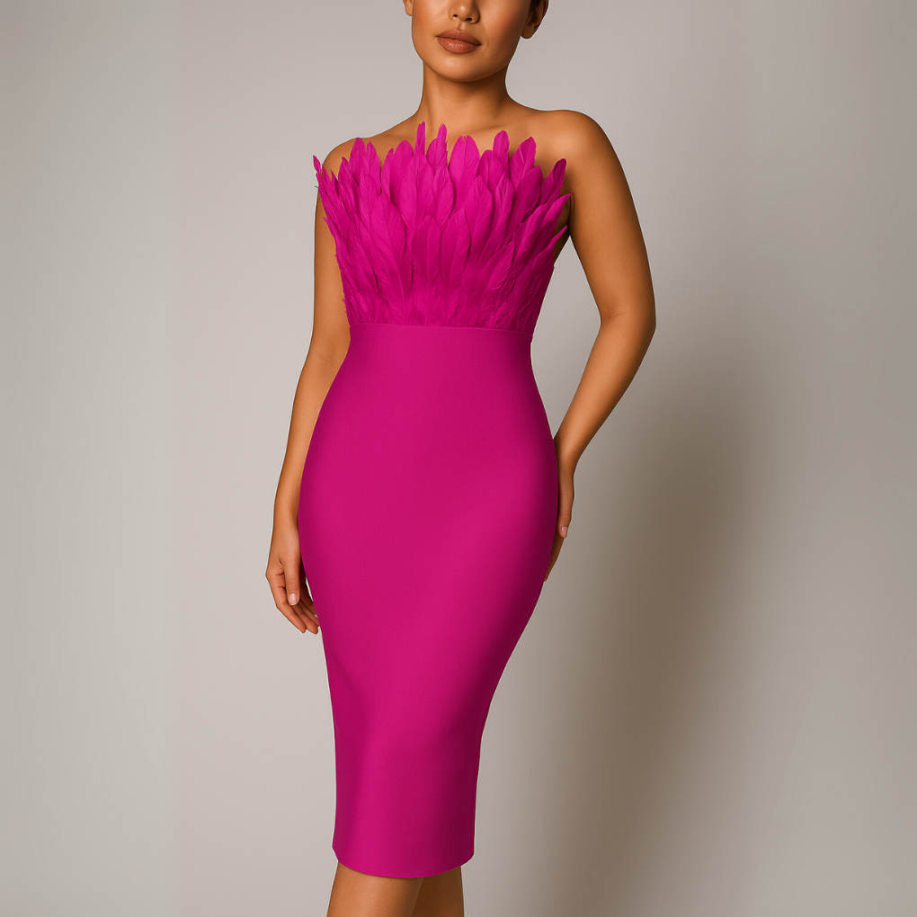 Women's Feather Bodycon Strapless Cocktail Dress Midi