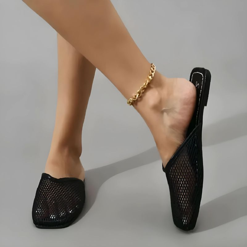 Women's Fishnet Mesh Square Toe Flat Mules Backless Slip-On Shoes