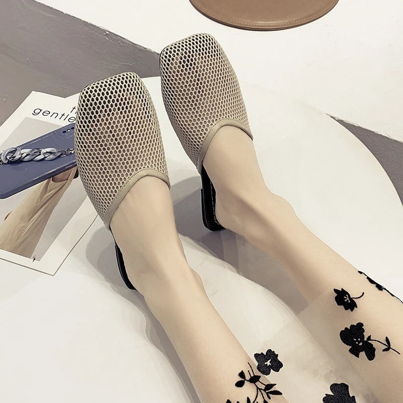 Women's Fishnet Mesh Square Toe Flat Mules Backless Slip-On Shoes