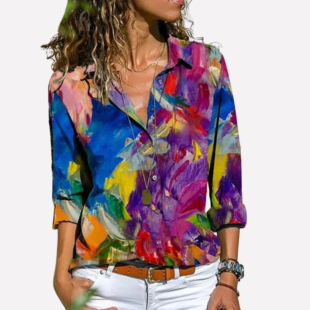 Women's Floral Button-Up Collar Blouse Long Sleeve Top