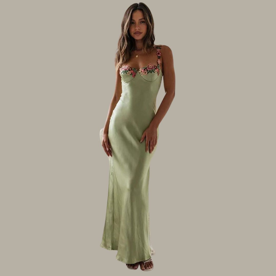 Women's Floral Embroidered Slip Maxi Dress Satin Spaghetti Strap