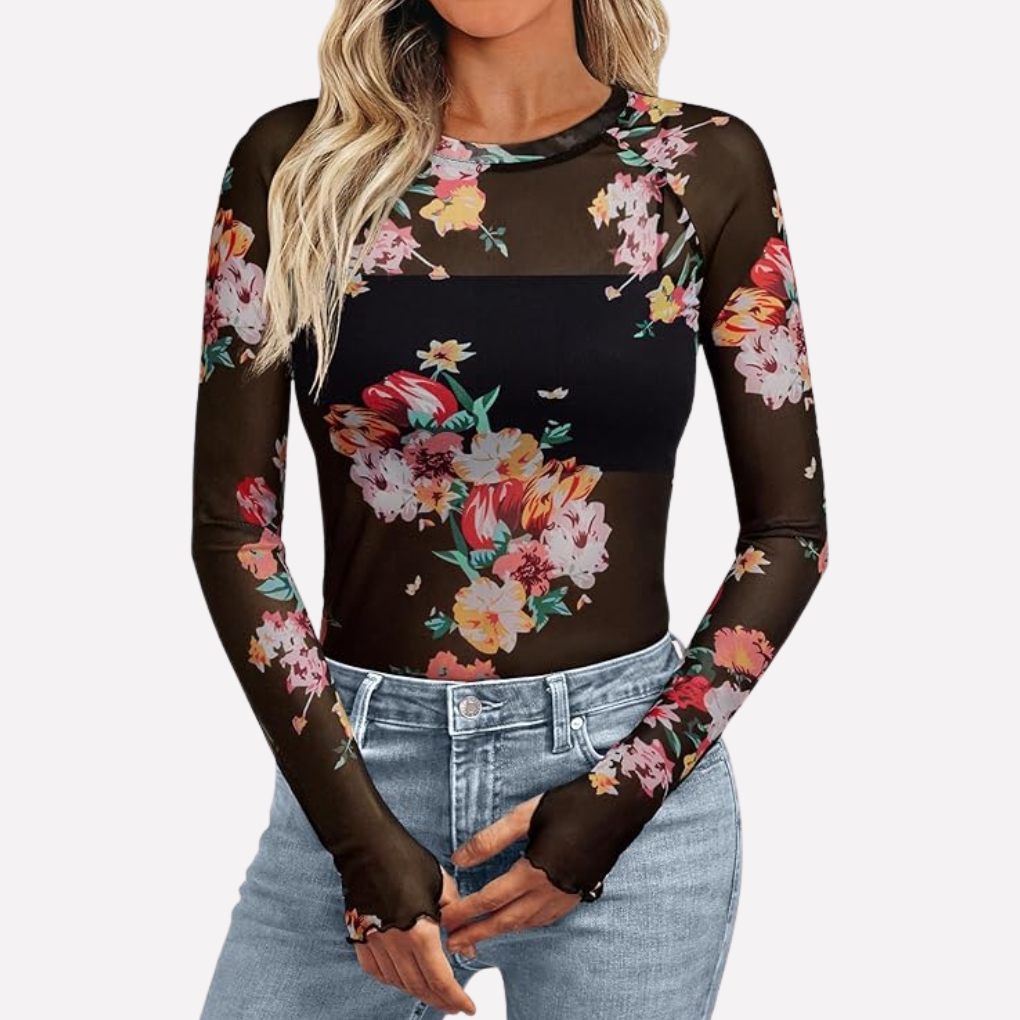 Women's Floral Mesh Long Sleeve Top Sheer Going Out