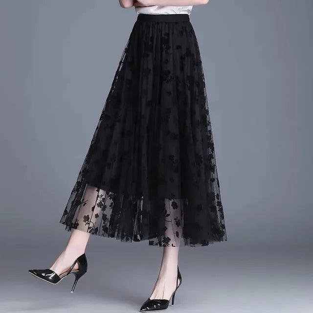Women's Floral Mesh Midi Skirt A-Line Tulle