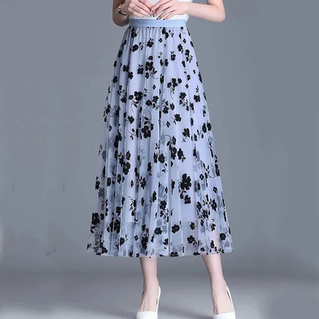Women's Floral Mesh Midi Skirt A-Line Tulle