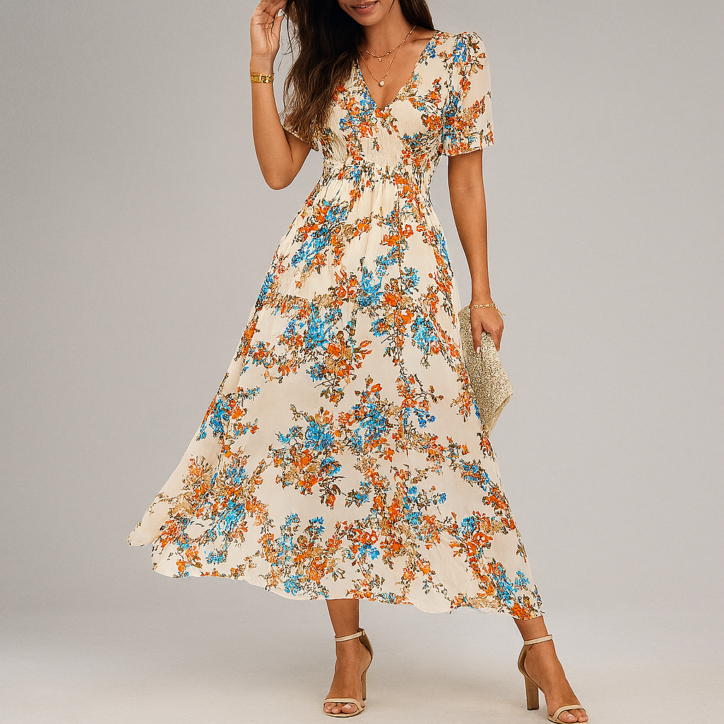Women's Floral V-Neck Smocked Dress Midi