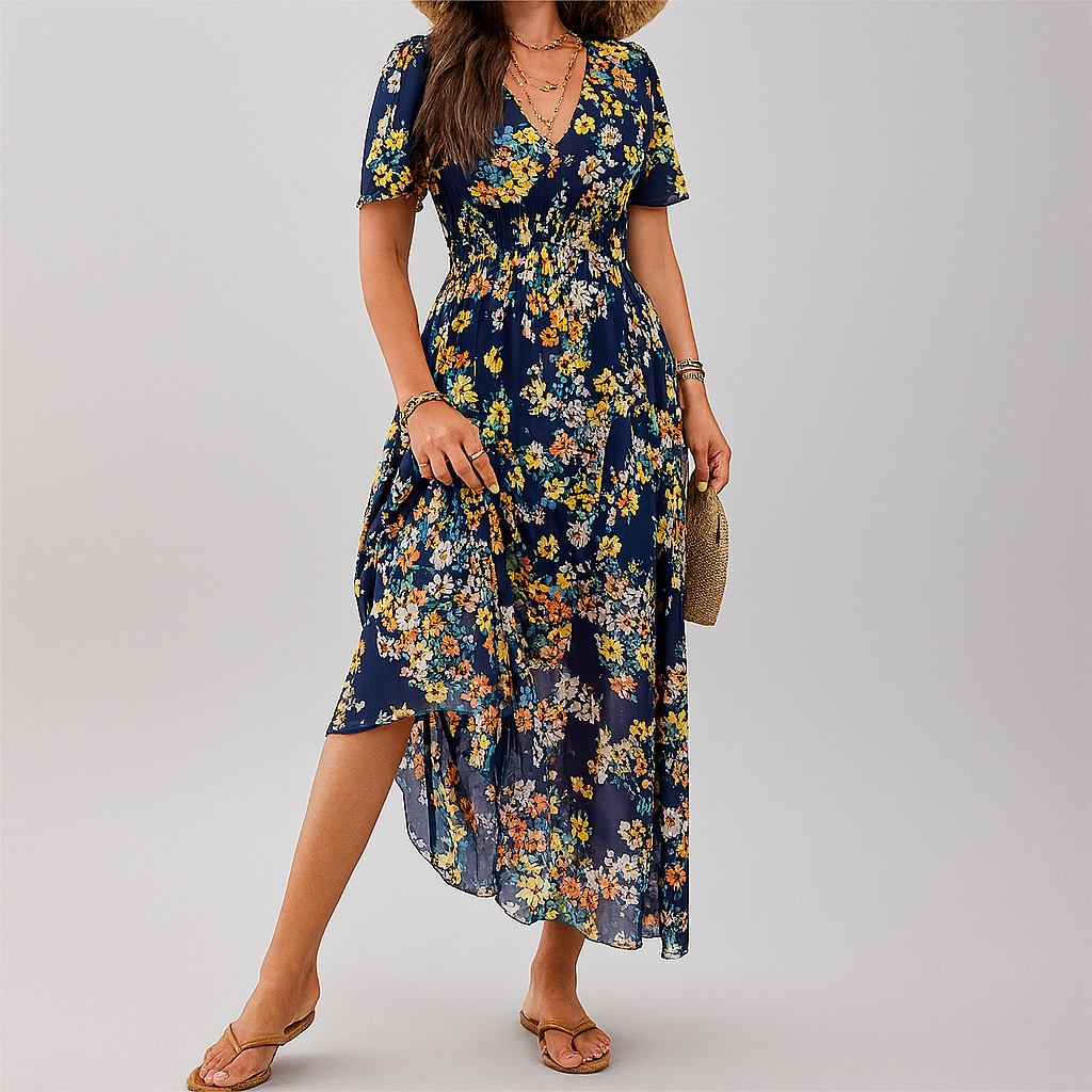 Women's Floral V-Neck Smocked Dress Midi