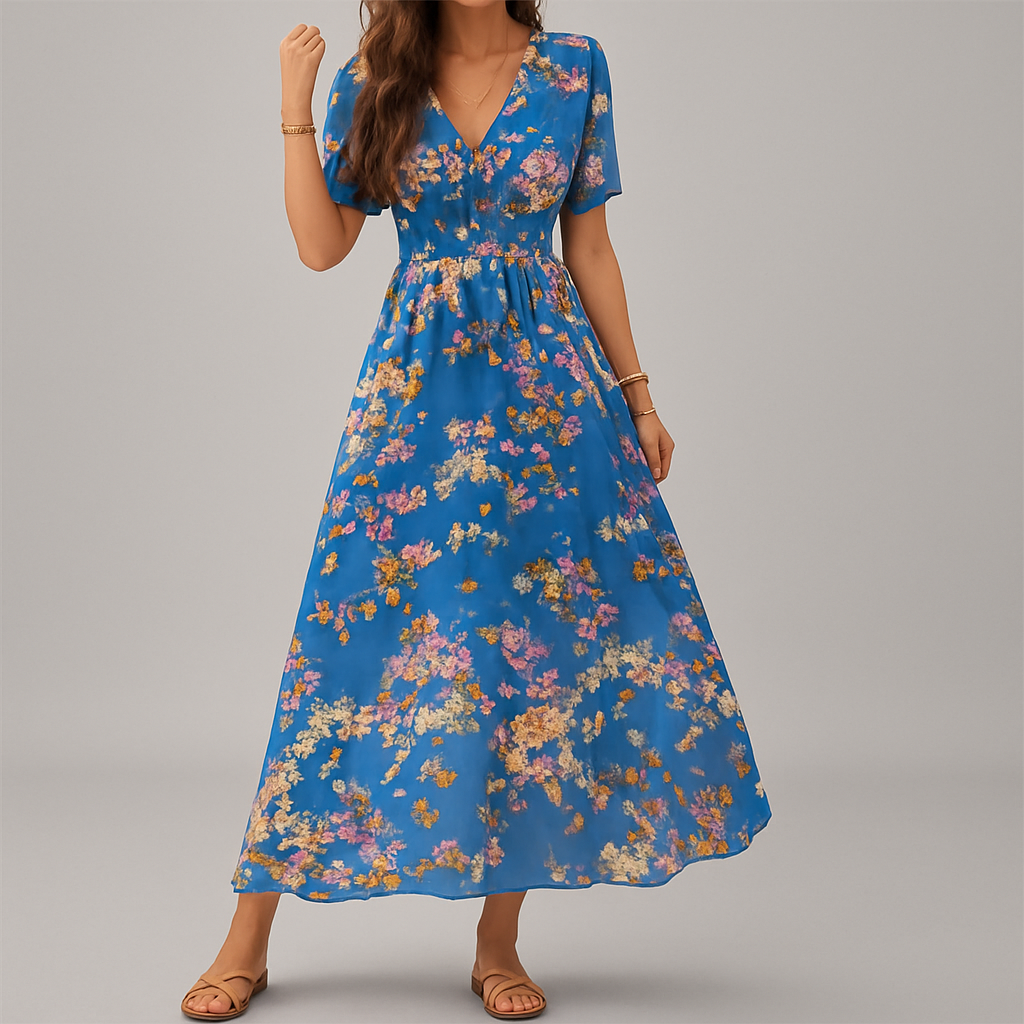 Women's Floral V-Neck Smocked Dress Midi