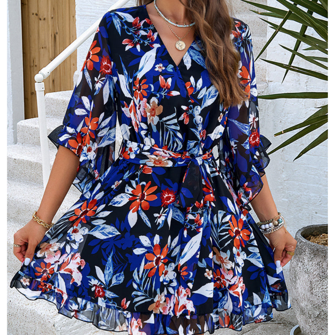 Women's Floral Wrap Ruffle Mini Dress