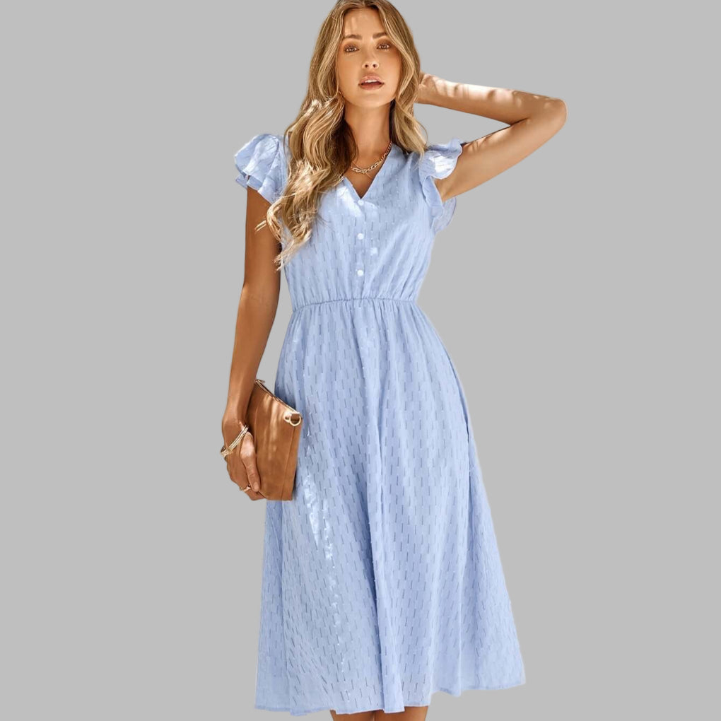 Women's Flutter Sleeve V-Neck Midi Dress Button Front