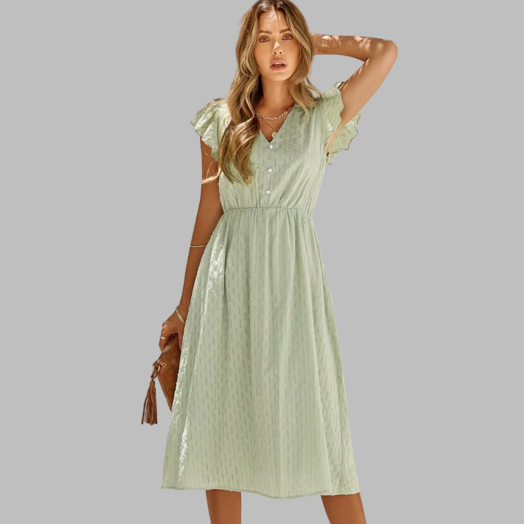 Women's Flutter Sleeve V-Neck Midi Dress Button Front
