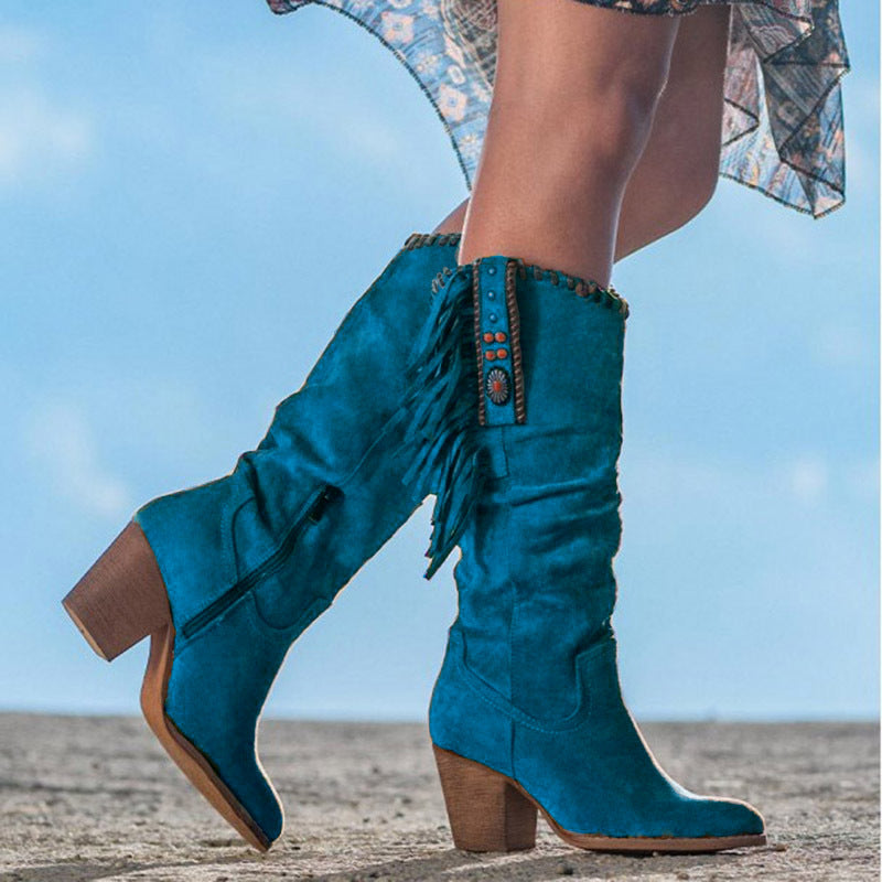 Women's Fringe Cowboy Boots Knee High Block Heel Western