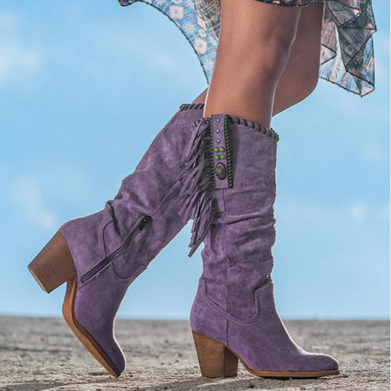 Women's Fringe Cowboy Boots Knee High Block Heel Western
