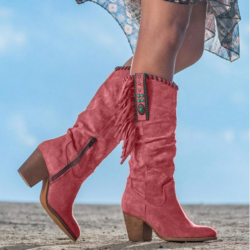 Women's Fringe Cowboy Boots Knee High Block Heel Western