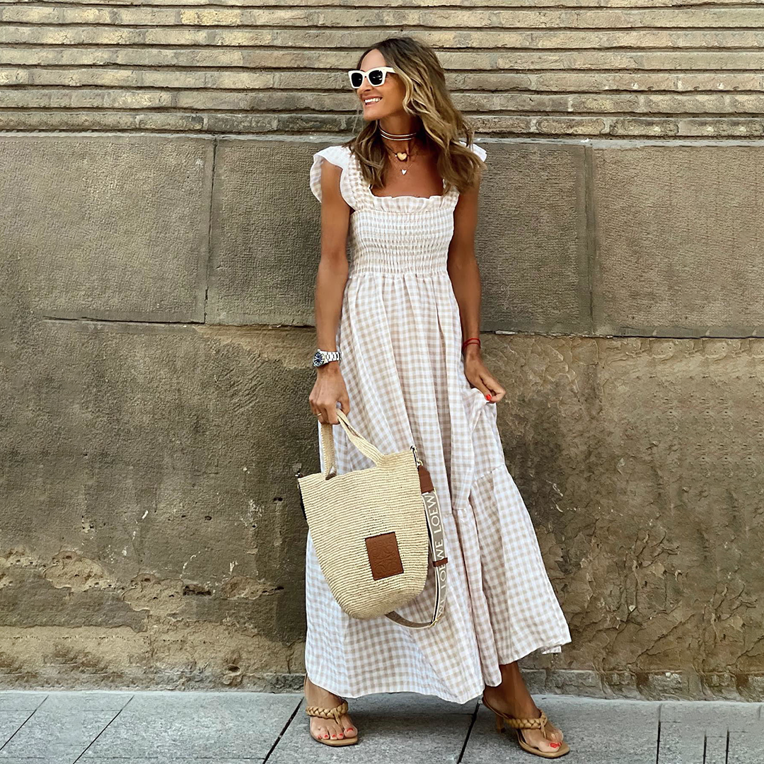 Women's Gingham Smocked Maxi Dress Summer Sundress
