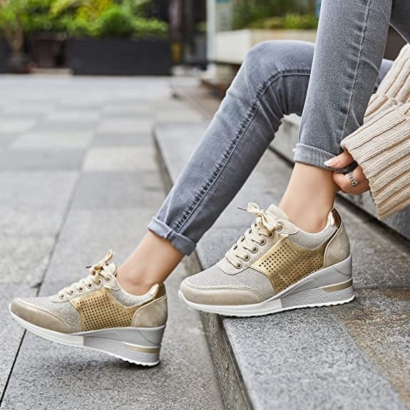 Women's Glitter Mesh Wedge Sneakers Perforated Metallic Panel Hidden Heel