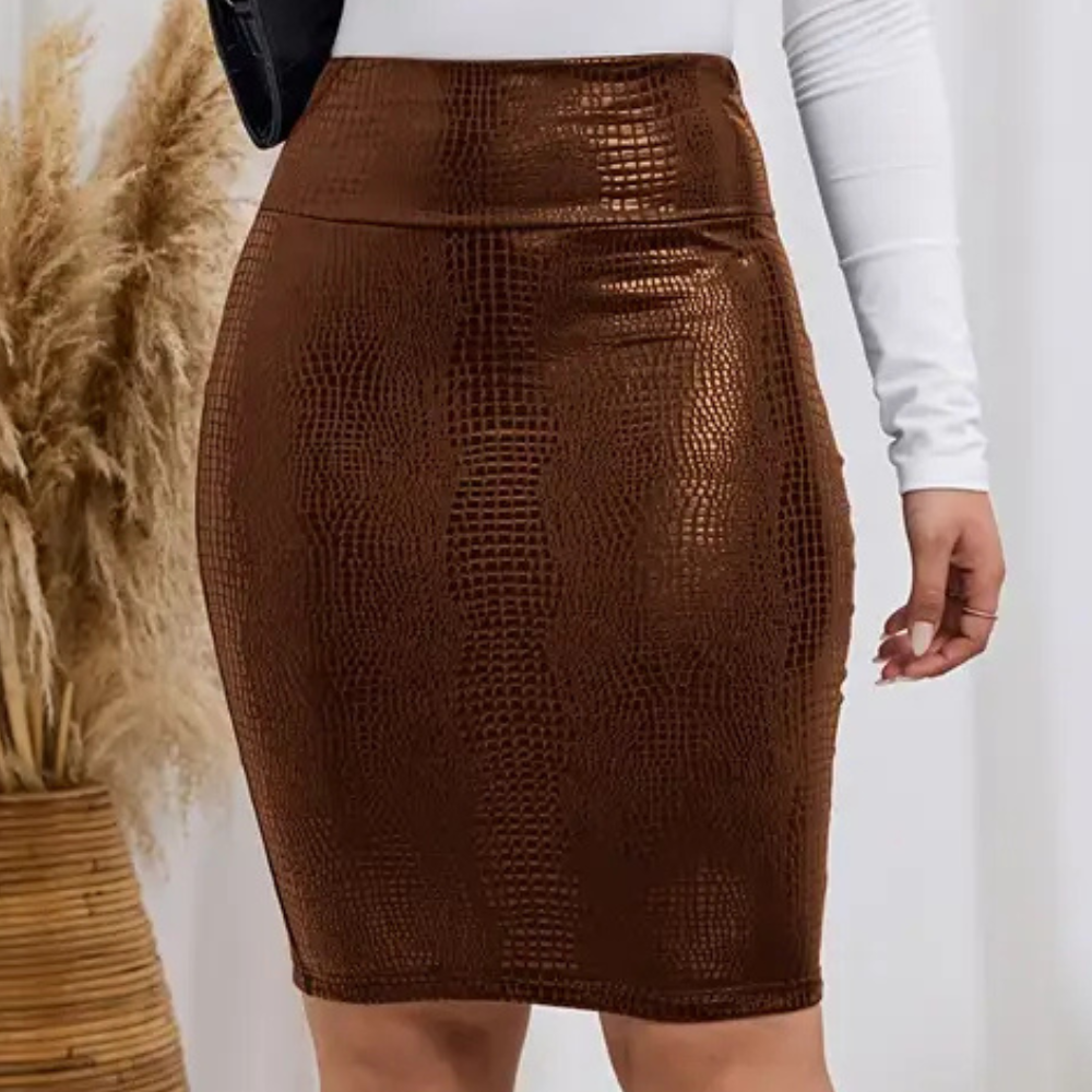 Women's High Waist Faux Leather Pencil Skirt Croc Embossed Bodycon Mini