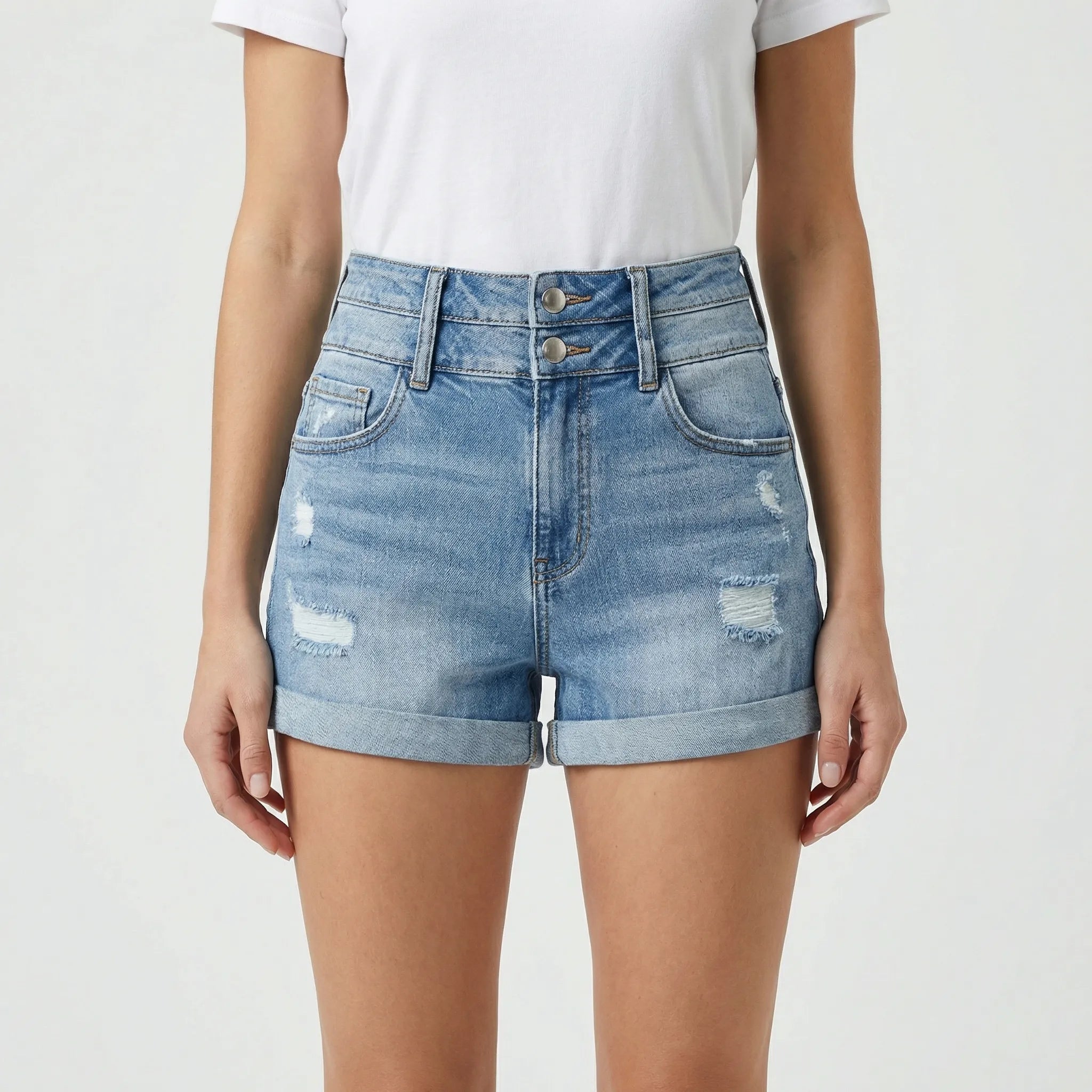 Women's High Waisted Distressed Denim Shorts Cuffed
