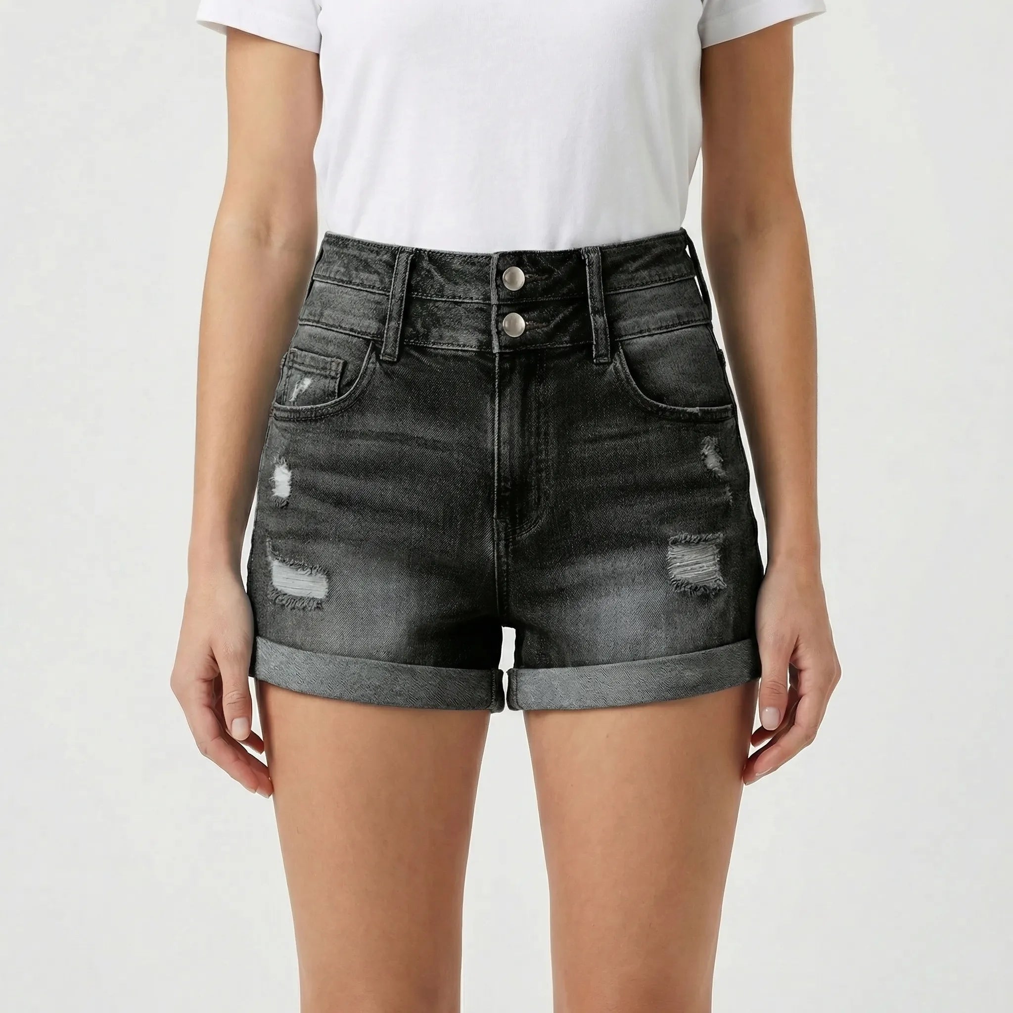 Women's High Waisted Distressed Denim Shorts Cuffed
