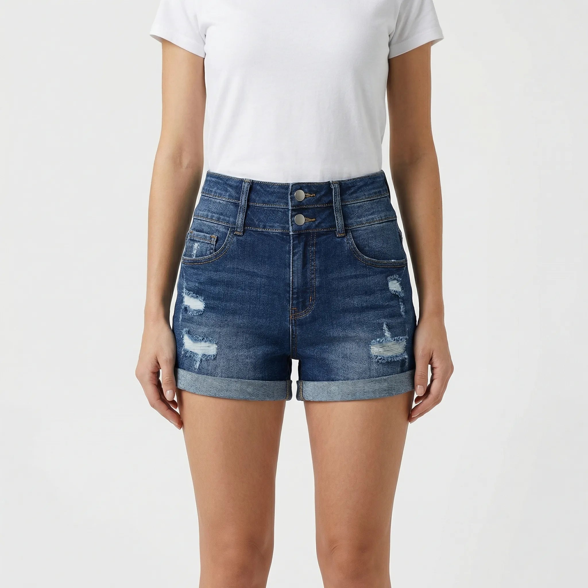 Women's High Waisted Distressed Denim Shorts Cuffed