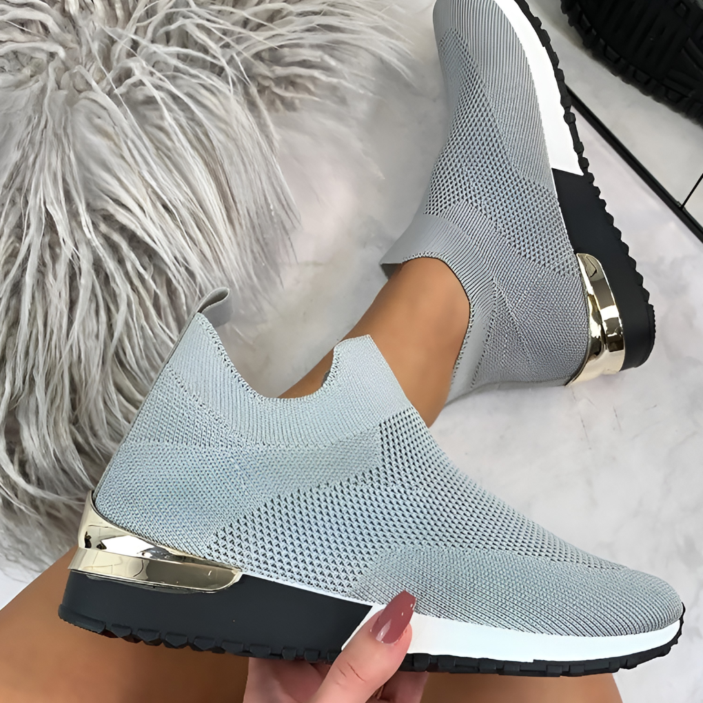 Women's Knit Slip-On Sneakers Gold Heel Accent Walking Shoes