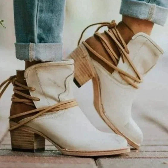 Women's Lace Up Ankle Boots Western Stacked Block Heel Pointed Toe