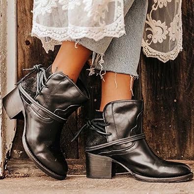 Women's Lace Up Ankle Boots Western Stacked Block Heel Pointed Toe