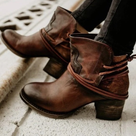Women's Lace Up Ankle Boots Western Stacked Block Heel Pointed Toe