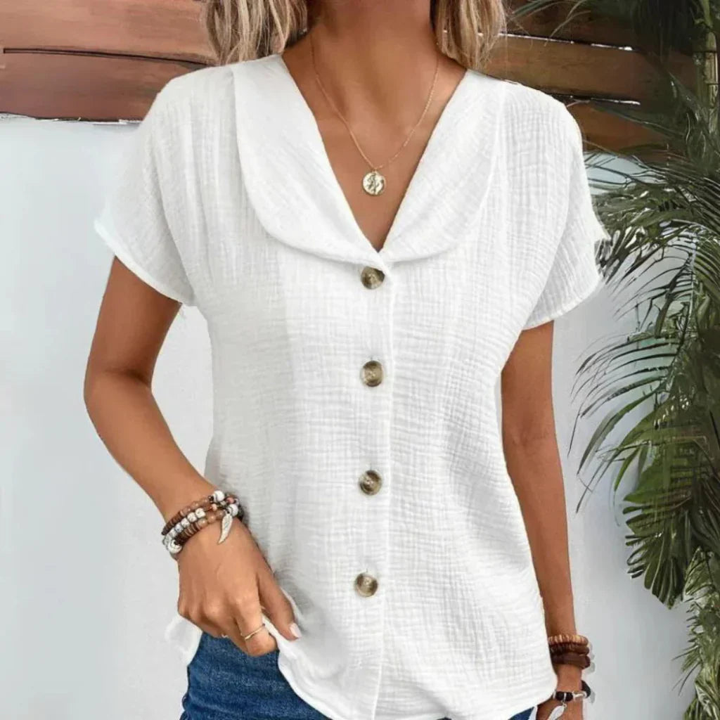 Women's Linen Button Down Short Sleeve Blouse
