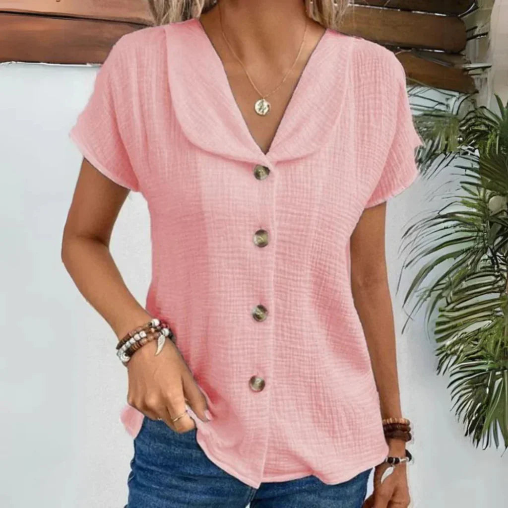 Women's Linen Button Down Short Sleeve Blouse