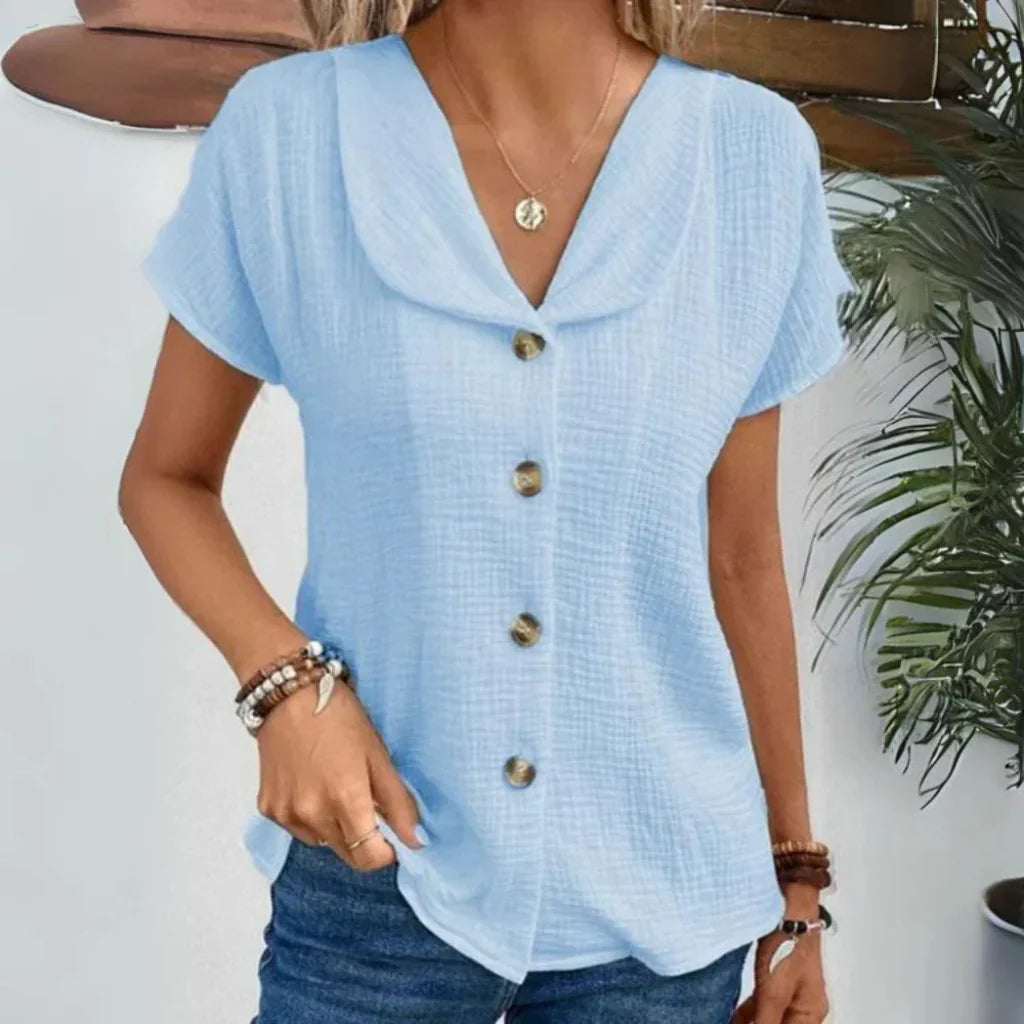 Women's Linen Button Down Short Sleeve Blouse