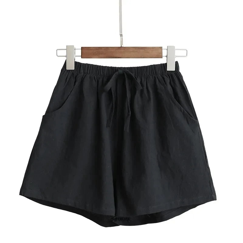 Women's Linen Drawstring Shorts High Waist