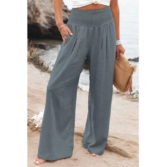 Women's Linen Wide-Leg Pants Smocked High Waist